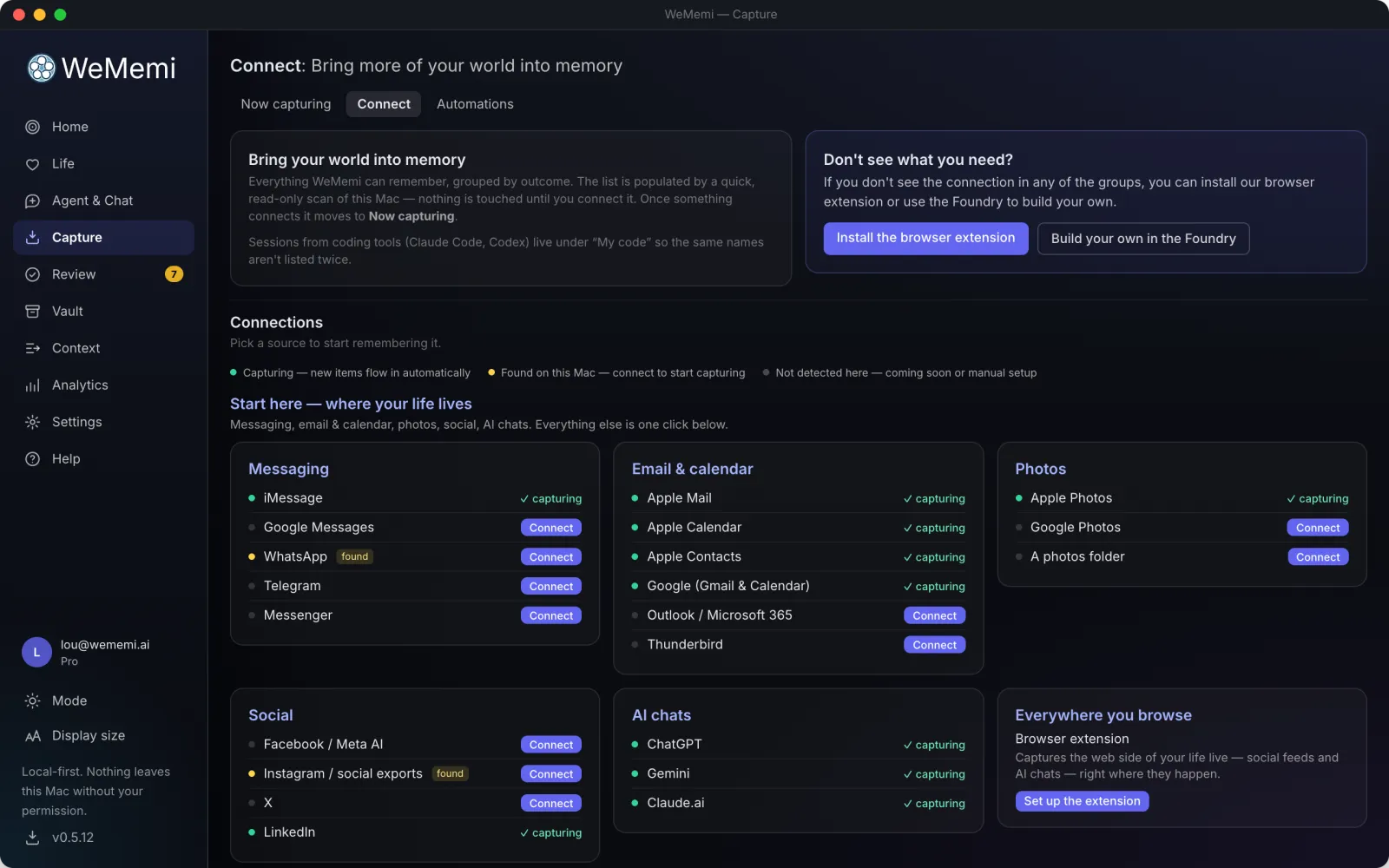 The WeMemi Connect page, where you choose your sources
