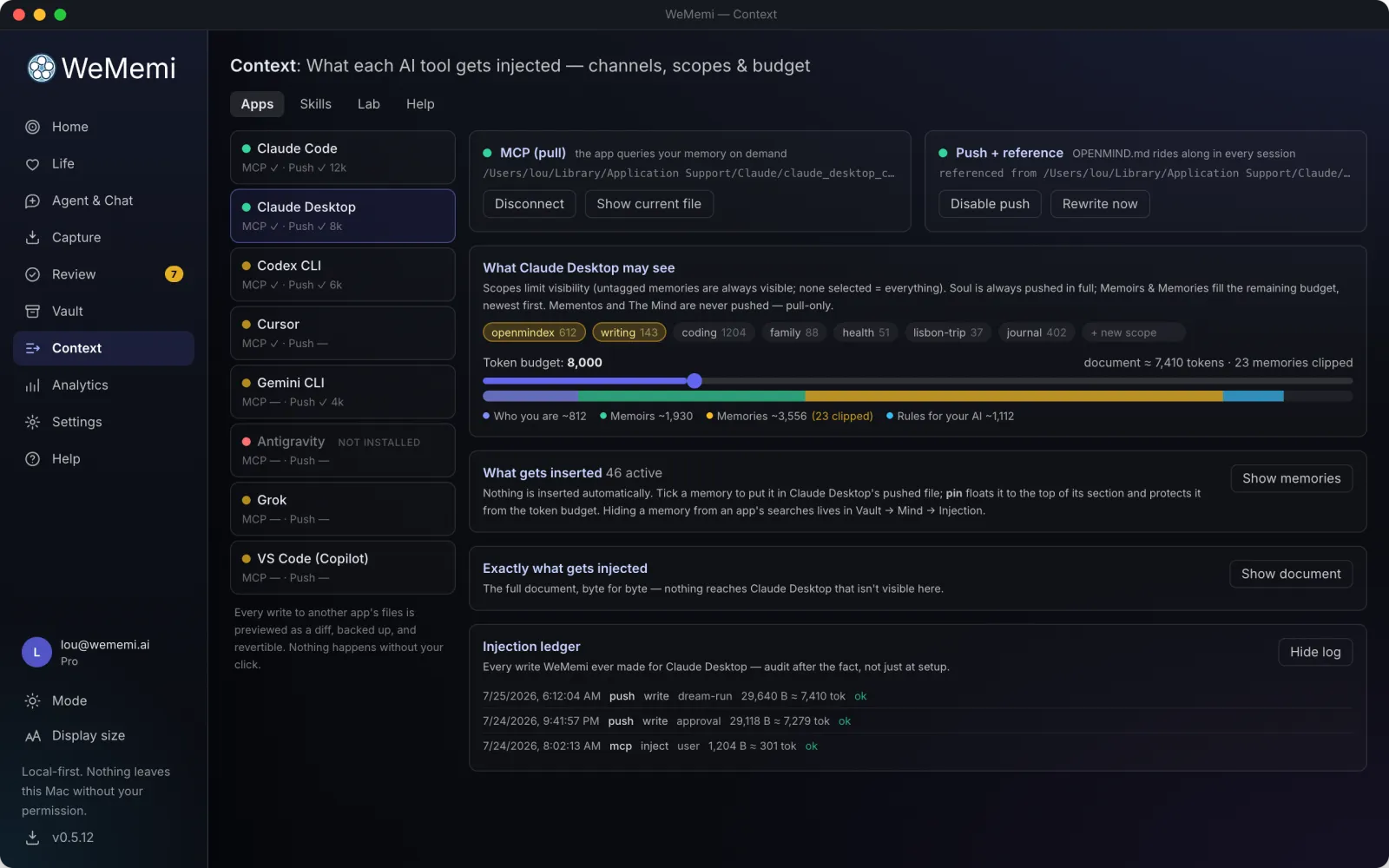 The WeMemi Context page, where you choose what each AI tool sees