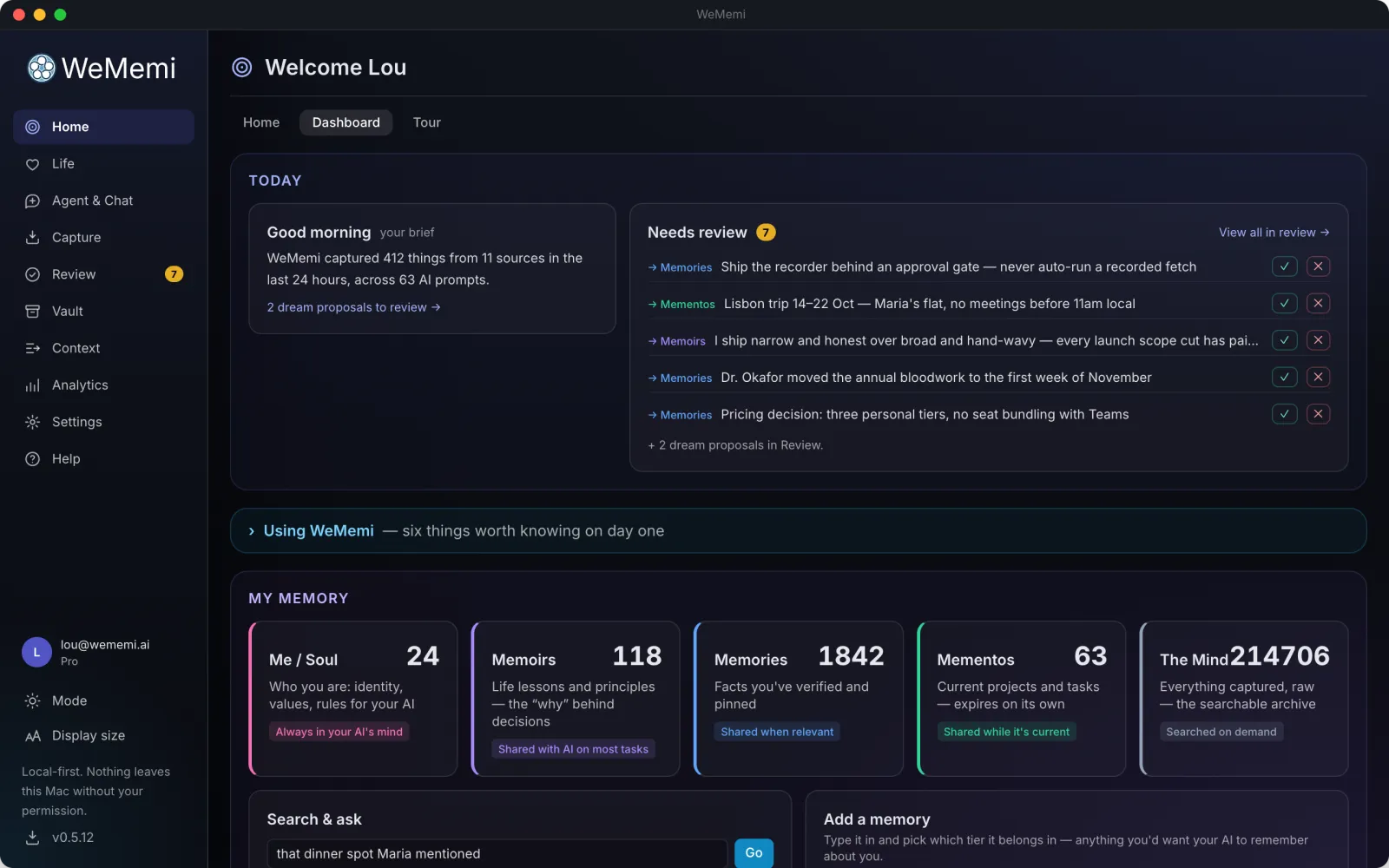 The WeMemi Home dashboard