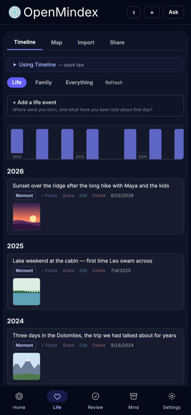 The WeMemi Life timeline on an iPhone