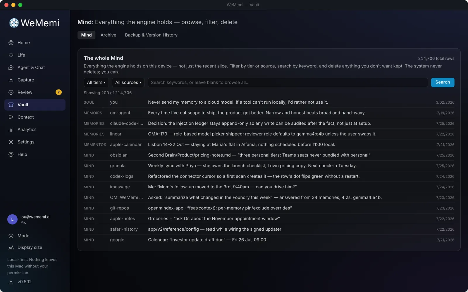 The WeMemi Vault memory browser