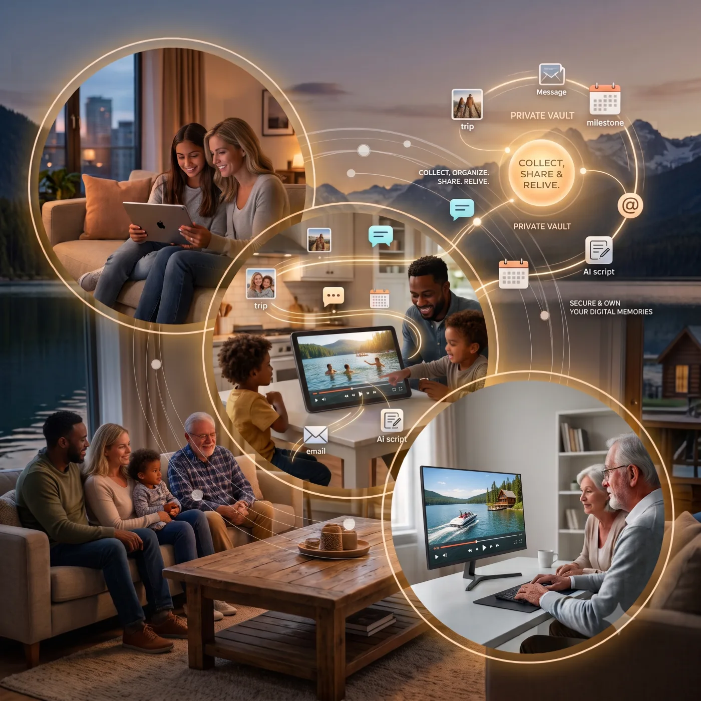 A family at home, three generations, surrounded by the moments, messages and plans OpenMindex keeps for them.